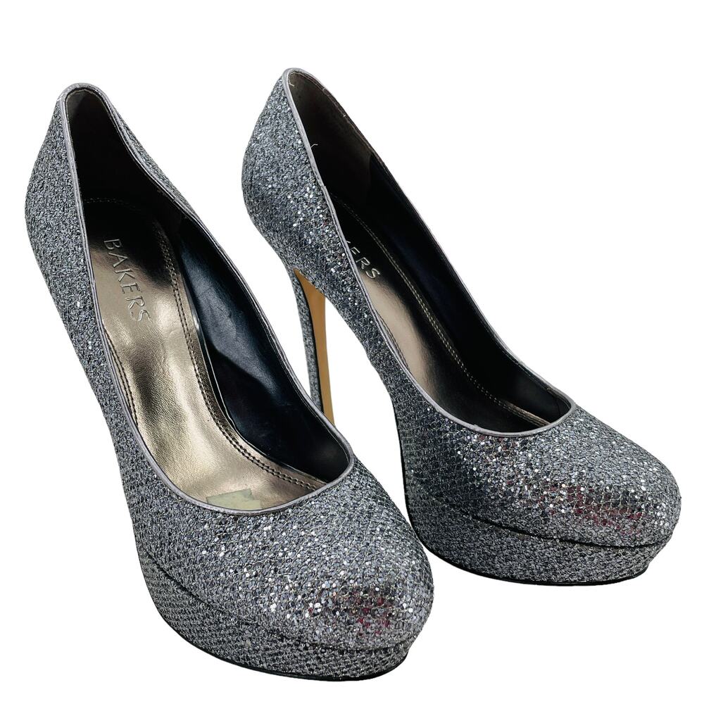 Bakers Silver Metallic Fabric Shiny Disco 80s Vibe Platform Stiletto Heels 8.5M